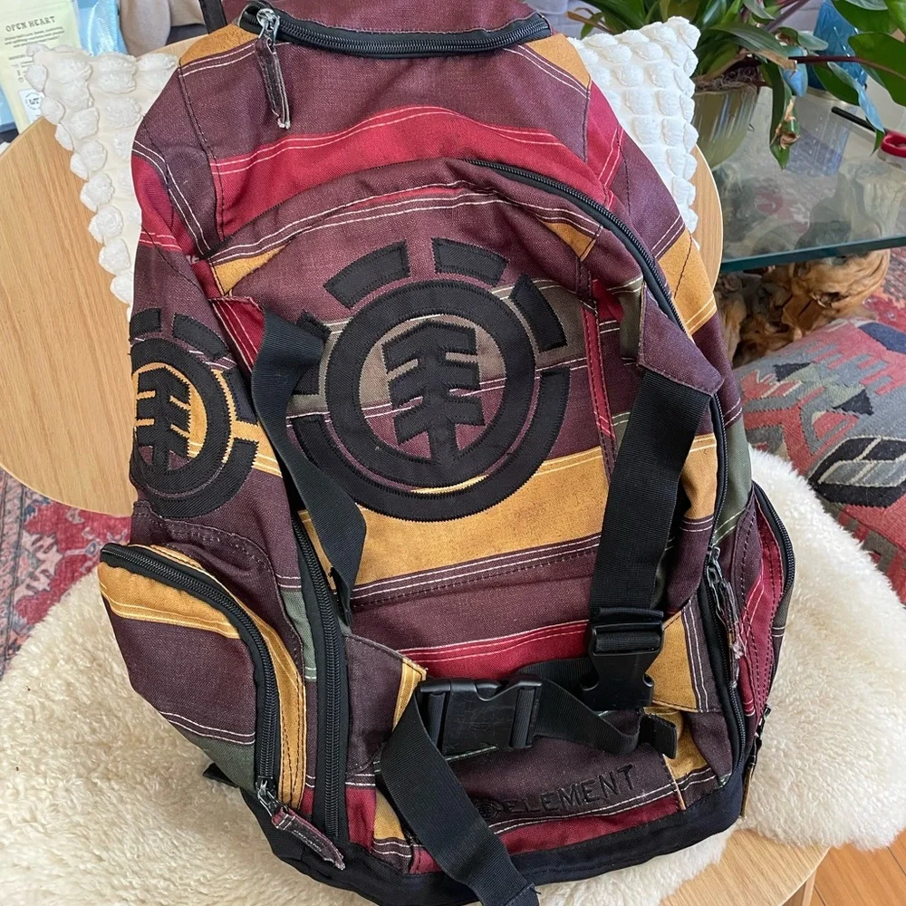 Element Striped Canvas Backpack in Burgundy, Mustard and Brown